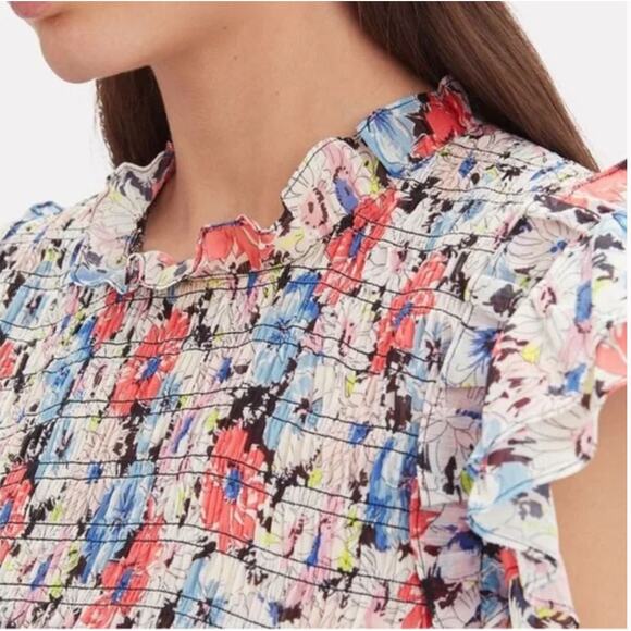 Veronica Beard Cici Mini Dress US 6 Colorful Floral Smocked Ruffle Celeb Style - Picture 4 of 12